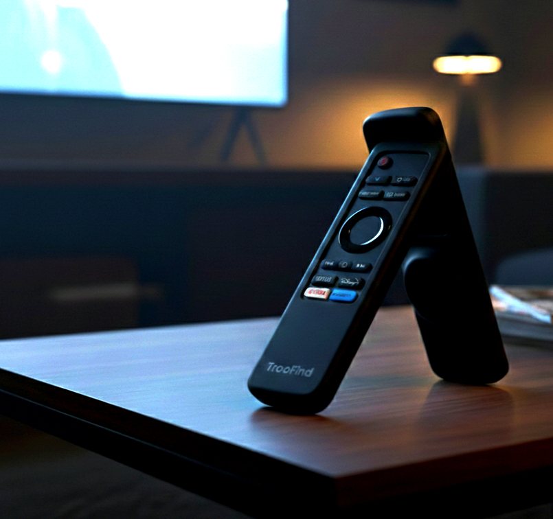 TrooFind sleeve on a Samsung remote, resting on a coffee table on its sloped back